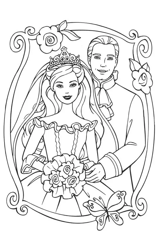 Desenho de contorno da Barbie vestida de noiva com tiara e buquê de flores, ao lado do Ken noivo, dentro de uma moldura decorada com rosas.