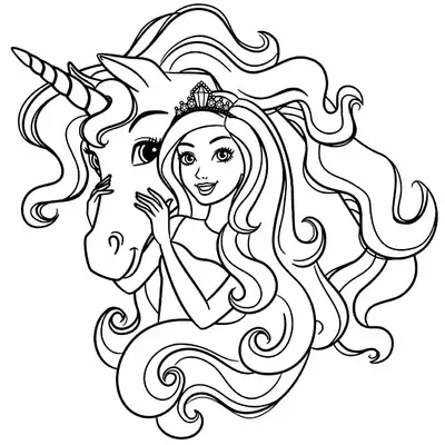 Desenho de contorno da Barbie Princesa sorridente abraçando o pescoço de um unicórnio, ambos com cabelos muito longos e cacheados.
