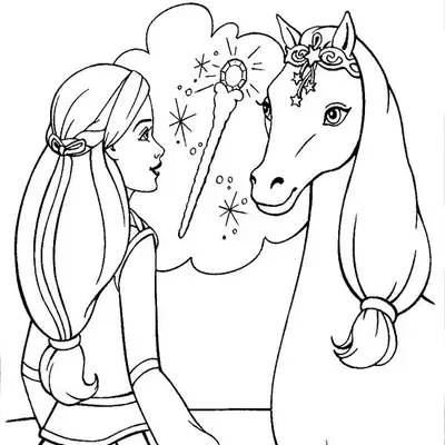 Desenho de contorno da Barbie Princesa de costas, olhando para um cavalo com enfeite de estrelas na cabeça; entre eles, um balão de pensamento com uma varinha mágica.