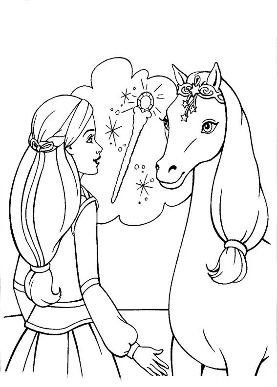 Desenho de contorno da Barbie Princesa de costas, olhando para um cavalo com enfeite de estrelas na cabeça; entre eles, um balão de pensamento com uma varinha mágica.