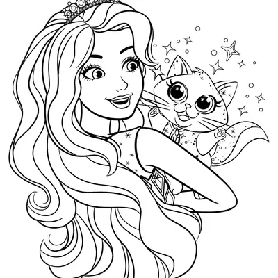 Desenho de contorno da Barbie Princesa usando uma tiara, segurando no ombro uma gatinha fofa rodeada por pequenas estrelas.