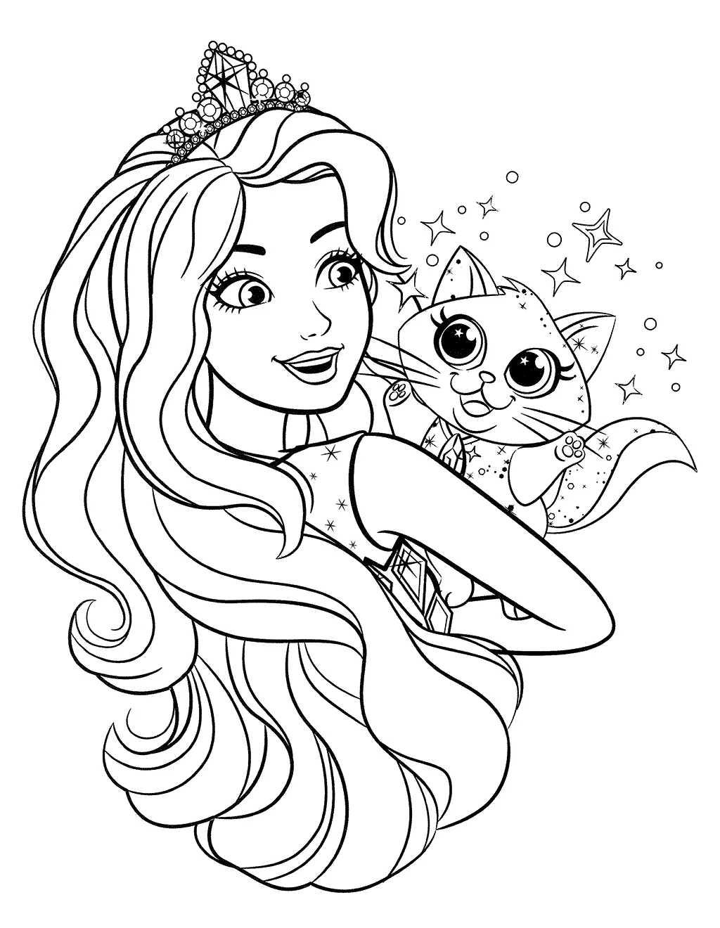 Desenho de contorno da Barbie Princesa usando uma tiara, segurando no ombro uma gatinha fofa rodeada por pequenas estrelas.