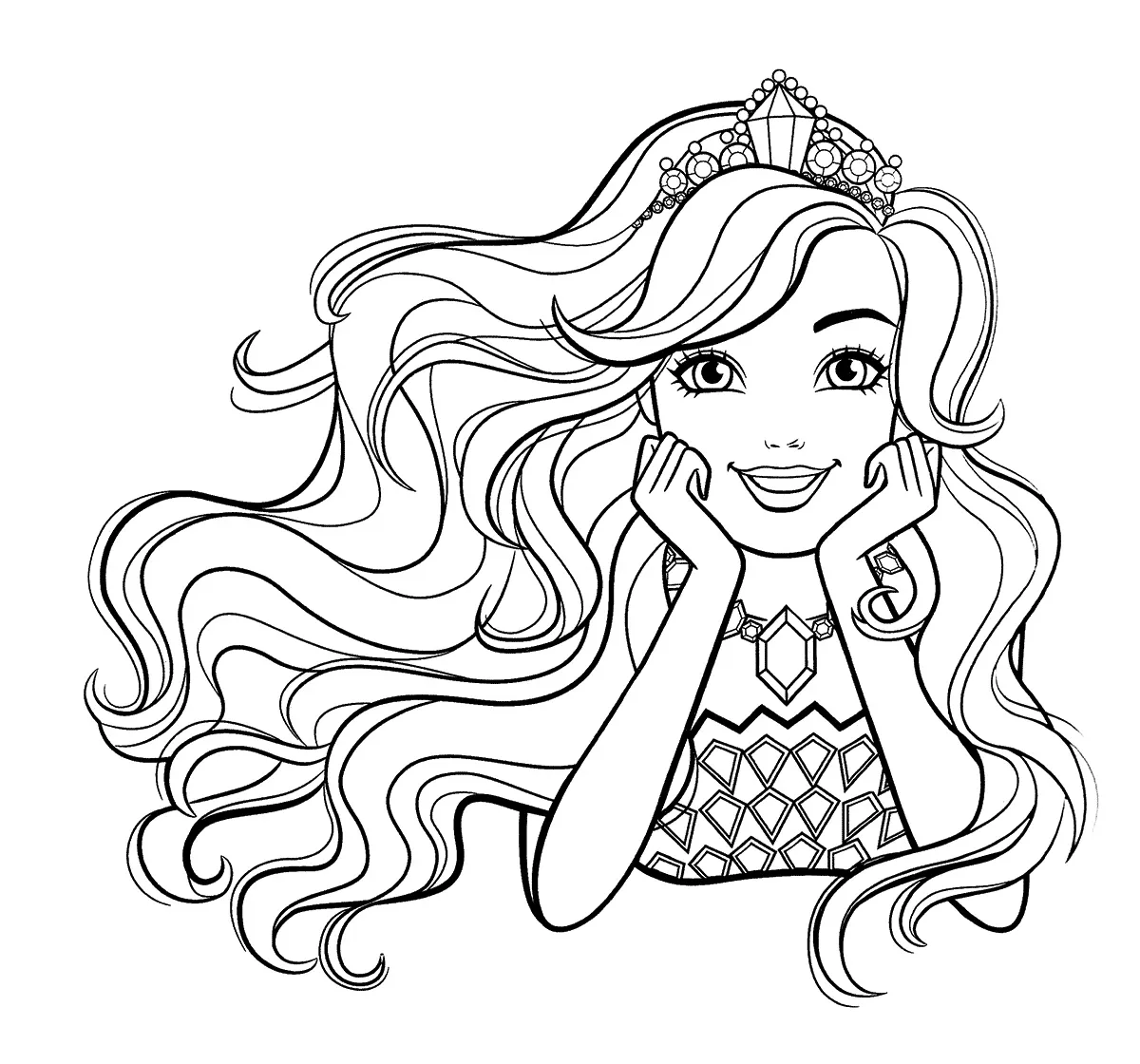 Desenho de contorno do rosto da Barbie Princesa sorridente, apoiada nas mãos, usando uma tiara com diamante central e colar de pedras geométricas.