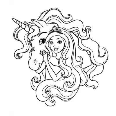 Retrato da Barbie Princesa Abraçando seu Unicórnio para Colorir