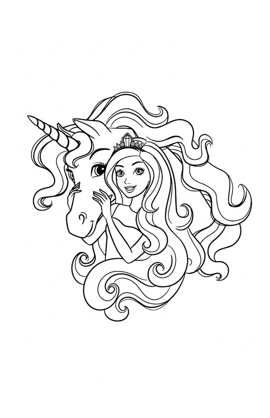 Desenho de contorno da Barbie Princesa sorridente abraçando a cabeça de um unicórnio majestoso, ambos com cabelos longos e ondulados.