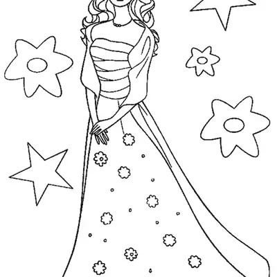 Desenho de contorno da Barbie usando vestido longo com estampa de flores pequenas, xale nos ombros e tiara, rodeada por grandes flores e estrelas.