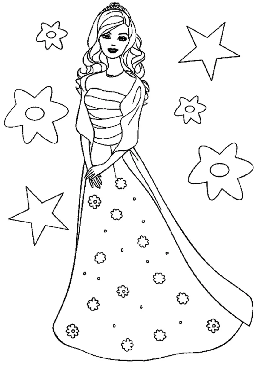 Desenho de contorno da Barbie usando vestido longo com estampa de flores pequenas, xale nos ombros e tiara, rodeada por grandes flores e estrelas.