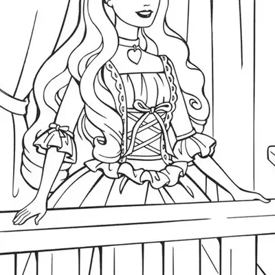 Desenho de contorno da Barbie Princesa apoiada em uma sacada, usando vestido longo com espartilho, colar de coração e trança no cabelo.