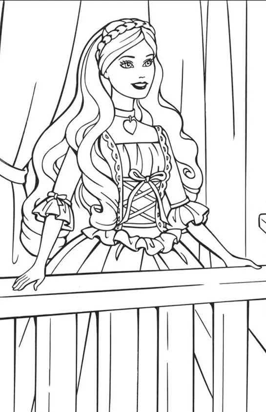 Desenho de contorno da Barbie Princesa apoiada em uma sacada, usando vestido longo com espartilho, colar de coração e trança no cabelo.