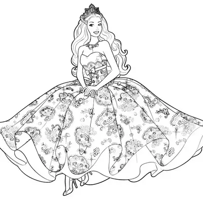 Desenho de contorno da Barbie Princesa usando um vestido de baile muito largo e decorado com flores, estrelas e rendas, usando uma coroa.