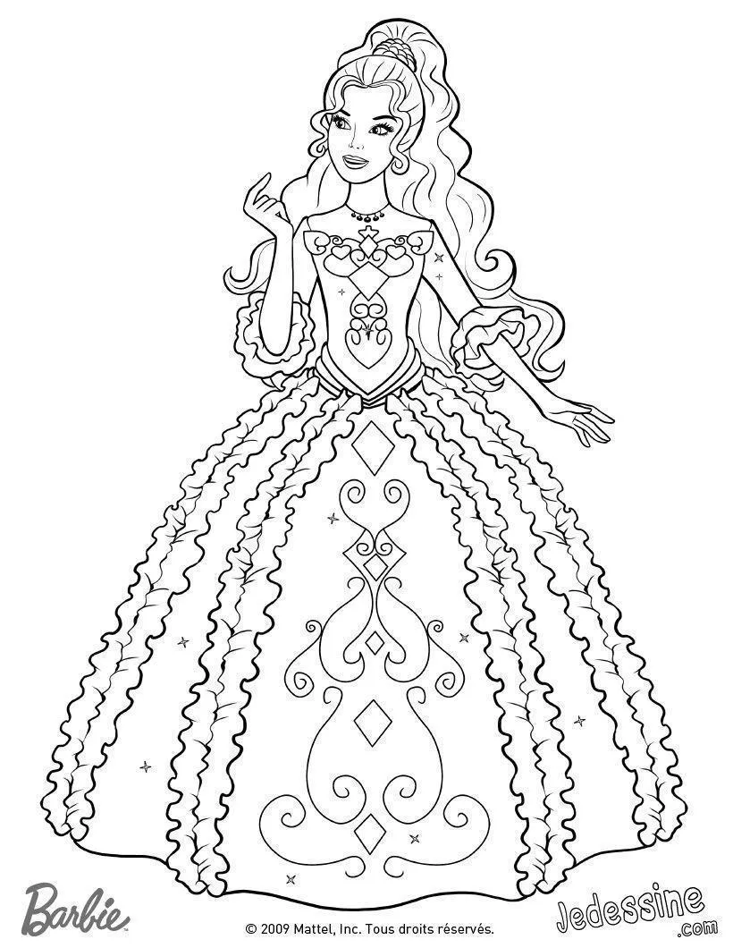 Desenho de contorno da Barbie usando um vestido de princesa volumoso com babados verticais, bordado central de diamantes e rabo de cavalo alto.
