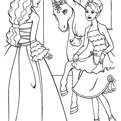 Desenho de contorno de duas Barbies princesas conversando perto de um cavalo que usa uma coroa de estrelas; uma Barbie usa vestido longo e a outra vestido curto com botas.