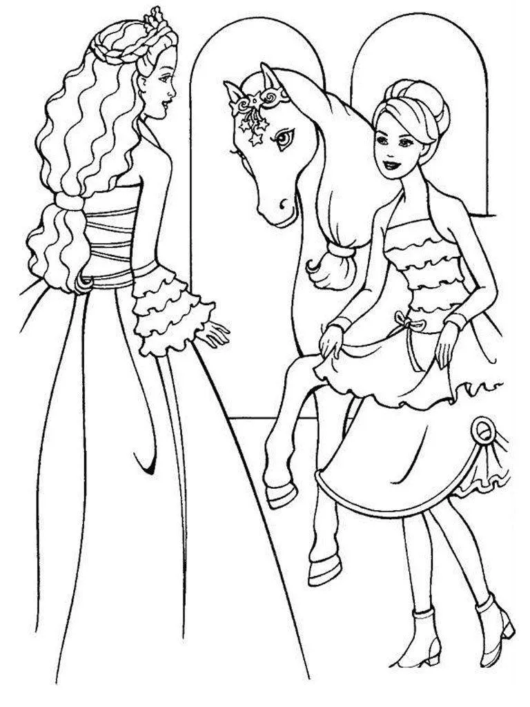 Desenho de contorno de duas Barbies princesas conversando perto de um cavalo que usa uma coroa de estrelas; uma Barbie usa vestido longo e a outra vestido curto com botas.