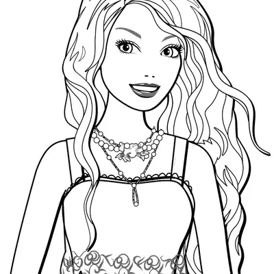 Desenho de contorno do busto da Barbie sorrindo, com cabelos longos e ondulados, usando três colares diferentes e blusa com barra de renda.
