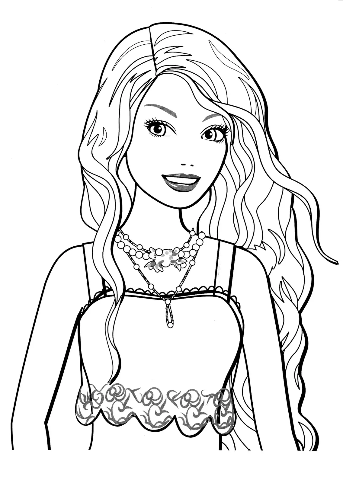 Desenho de contorno do busto da Barbie sorrindo, com cabelos longos e ondulados, usando três colares diferentes e blusa com barra de renda.