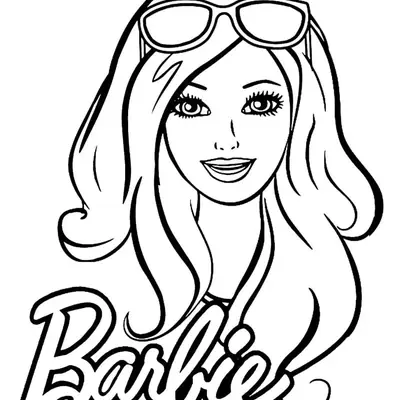 Desenho de contorno em close-up do rosto da Barbie sorrindo, com óculos de sol apoiados no topo da cabeça e o nome Barbie escrito abaixo.