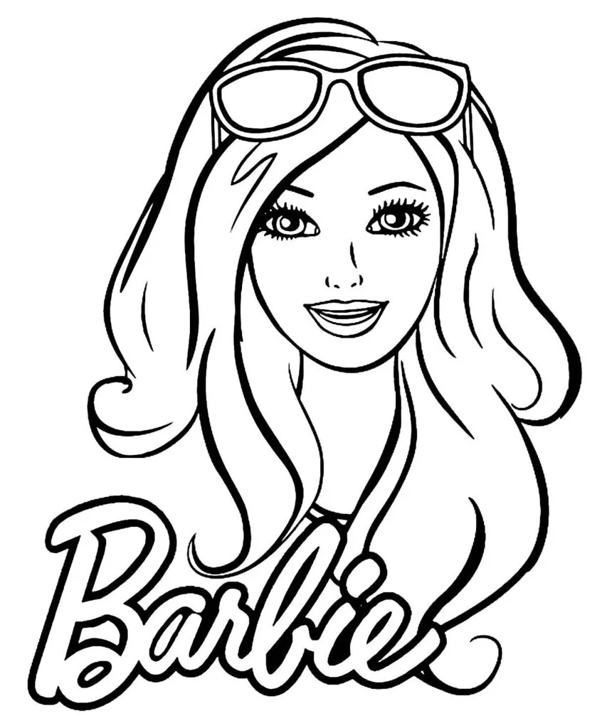 Desenho de contorno em close-up do rosto da Barbie sorrindo, com óculos de sol apoiados no topo da cabeça e o nome Barbie escrito abaixo.