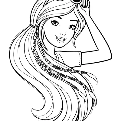 Desenho de contorno do rosto da Barbie sorrindo, segurando os óculos de sol sobre a cabeça, com tranças decorativas no cabelo longo.