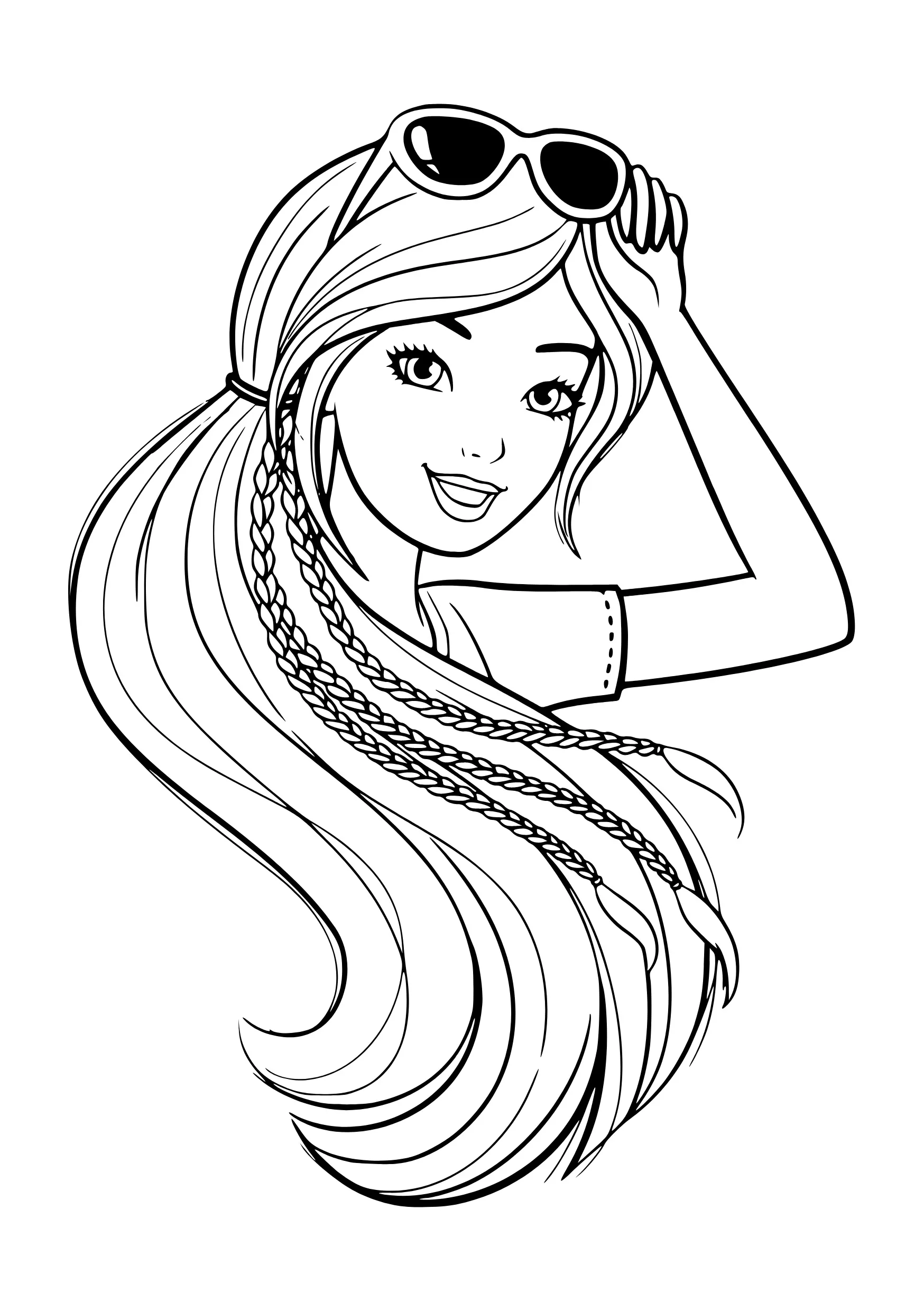 Desenho de contorno do rosto da Barbie sorrindo, segurando os óculos de sol sobre a cabeça, com tranças decorativas no cabelo longo.