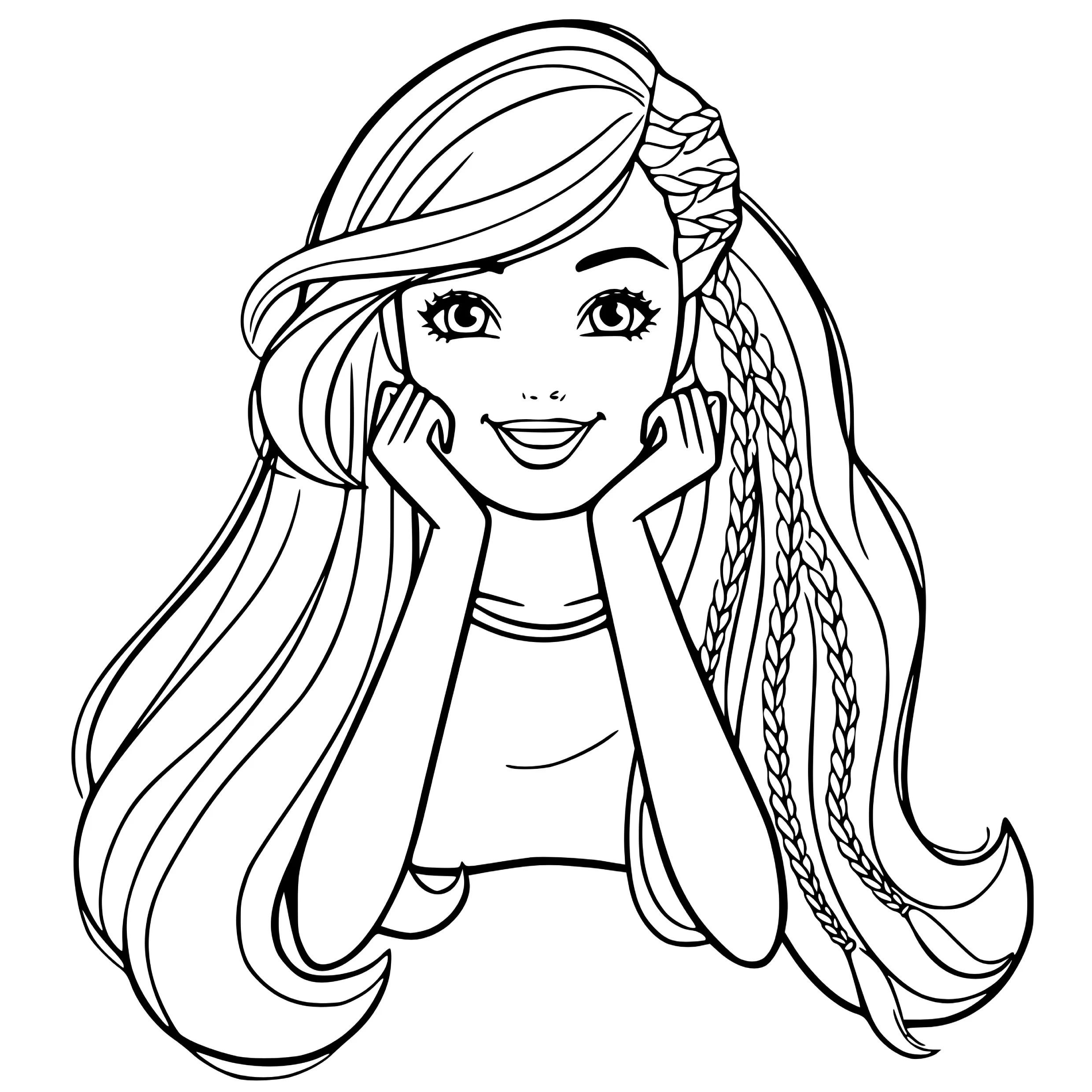 Desenho de contorno do rosto da Barbie, apoiada nas mãos, com cabelos longos e várias tranças finas decorando o penteado.