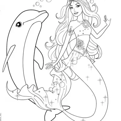 Desenho de contorno da Barbie Sereia com tiara e flores no top, nadando verticalmente ao lado de um golfinho saltitante sob a água.