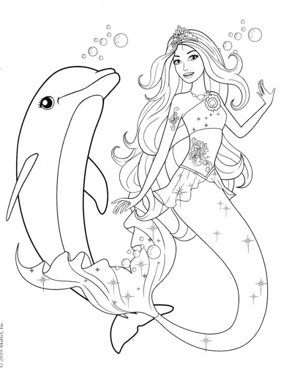 Desenho de contorno da Barbie Sereia com tiara e flores no top, nadando verticalmente ao lado de um golfinho saltitante sob a água.