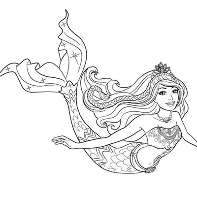 Desenho de contorno da Barbie Sereia nadando de lado, com cauda longa decorada com estrelas e zigue-zagues, usando uma pequena coroa.