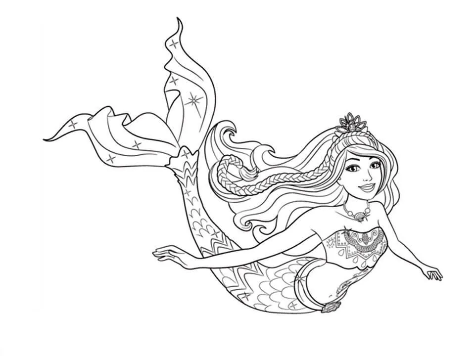 Desenho de contorno da Barbie Sereia nadando de lado, com cauda longa decorada com estrelas e zigue-zagues, usando uma pequena coroa.