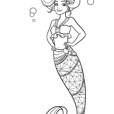 Desenho de contorno da Barbie sereia em pé (flutuando), com mãos na cintura, cabelos longos com estrelas e cauda decorada com fios de pérolas.
