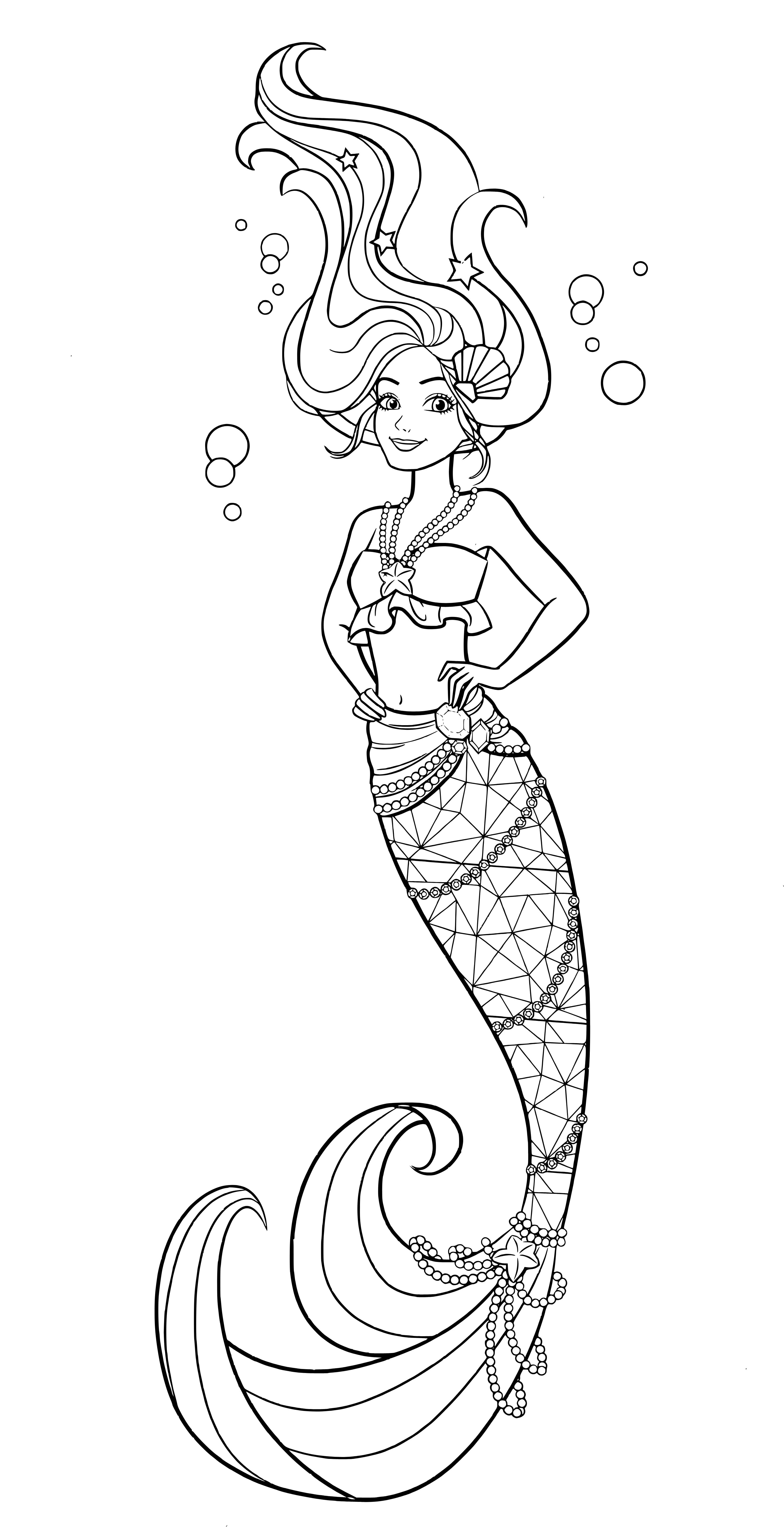 Desenho de contorno da Barbie sereia em pé (flutuando), com mãos na cintura, cabelos longos com estrelas e cauda decorada com fios de pérolas.