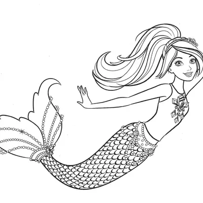 Desenho de contorno da Barbie Sereia nadando para a direita, com braço erguido, cauda detalhada com pérolas e cristais no top.