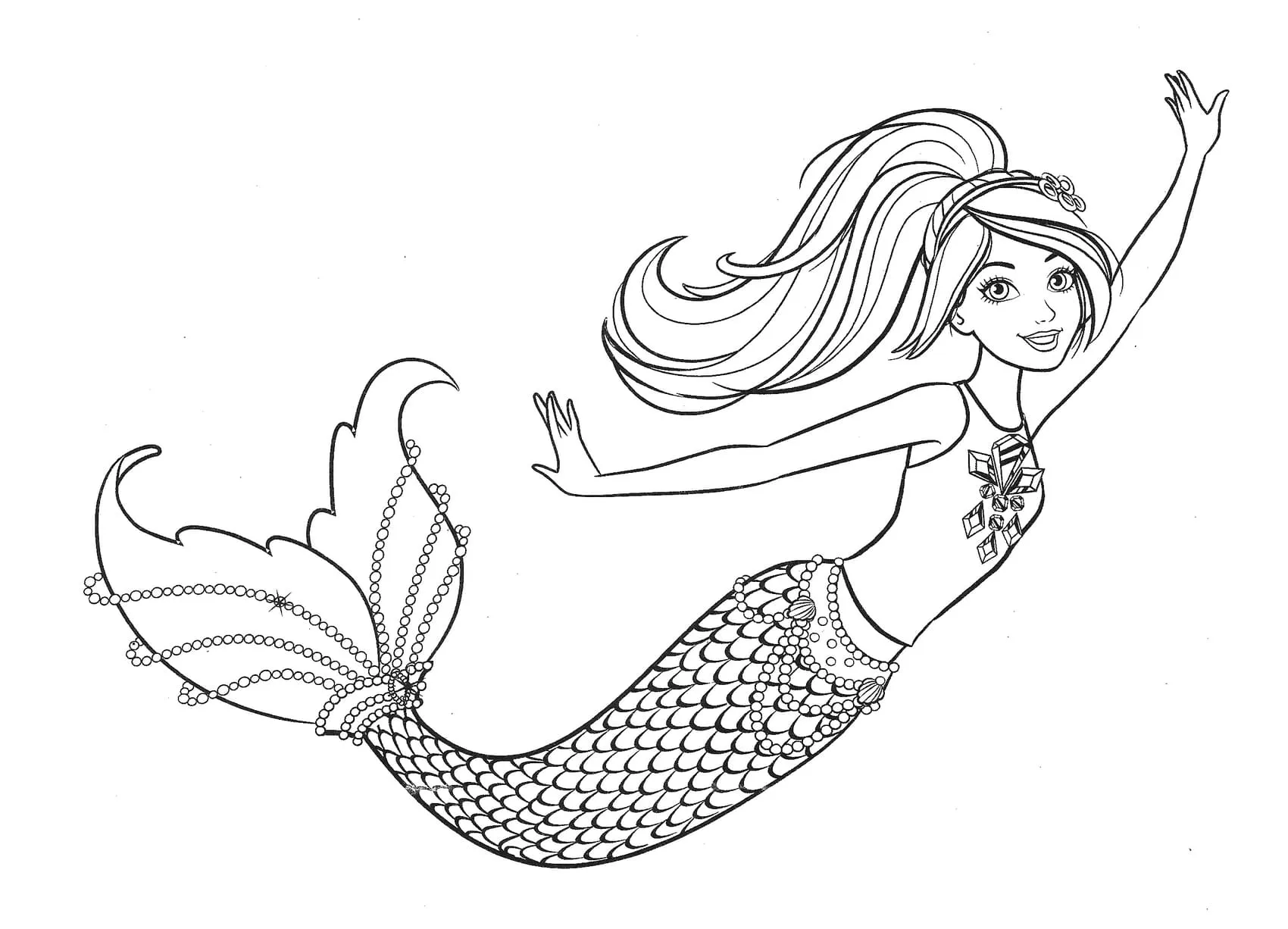 Desenho de contorno da Barbie Sereia nadando para a direita, com braço erguido, cauda detalhada com pérolas e cristais no top.