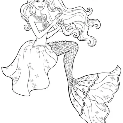 Desenho de contorno da Barbie sereia sorridente, com cabelos ondulados, usando colar de pérolas e tiara, com cauda decorada com brilhos.