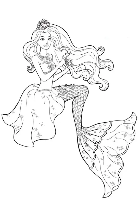 Desenho de contorno da Barbie sereia sorridente, com cabelos ondulados, usando colar de pérolas e tiara, com cauda decorada com brilhos.