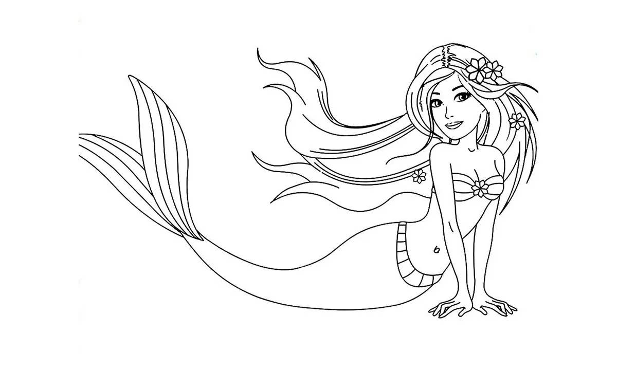 Desenho de contorno da Barbie Sereia sentada de perfil, com cabelos muito longos decorados com flores e cauda de sereia estendida para cima.