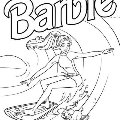 Desenho de contorno da Barbie surfando dentro de um tubo de onda, com um cachorrinho surfando em uma prancha menor ao lado.