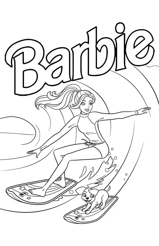Desenho de contorno da Barbie surfando dentro de um tubo de onda, com um cachorrinho surfando em uma prancha menor ao lado.