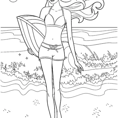 Desenho de contorno da Barbie surfista segurando uma prancha, caminhando na areia da praia com ondas e o sol ao fundo.