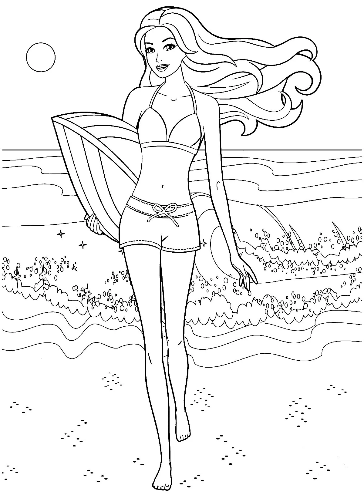 Desenho de contorno da Barbie surfista segurando uma prancha, caminhando na areia da praia com ondas e o sol ao fundo.