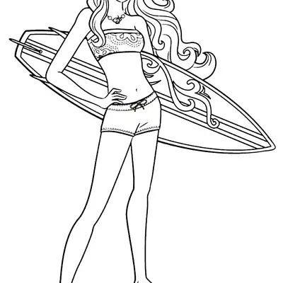 Desenho de contorno da Barbie em pé na praia segurando uma prancha de surf, usando biquíni estilo top e shorts curtos.