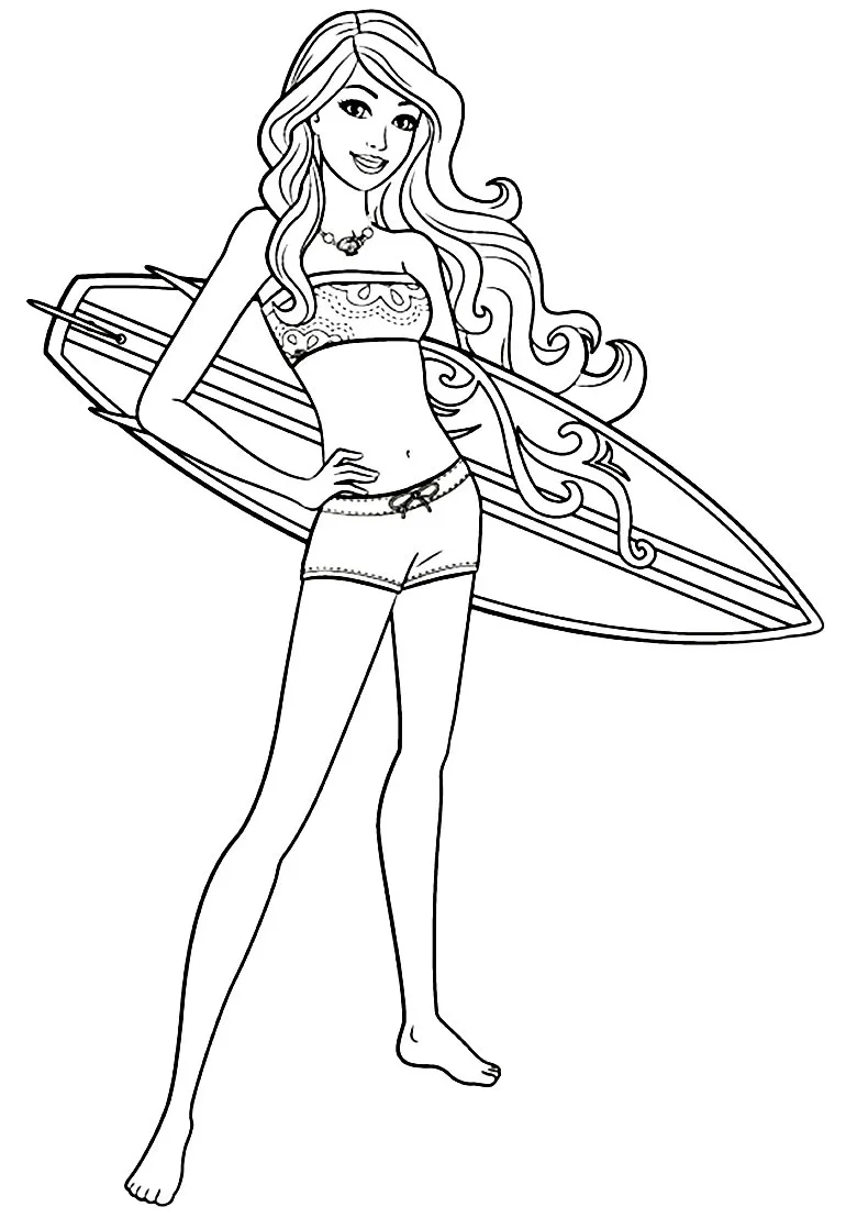 Desenho de contorno da Barbie em pé na praia segurando uma prancha de surf, usando biquíni estilo top e shorts curtos.