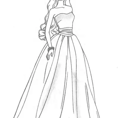 Desenho de contorno da Barbie usando um vestido longo de baile tomara-que-caia, bracelete de pérolas e uma flor grande no cabelo longo e ondulado.