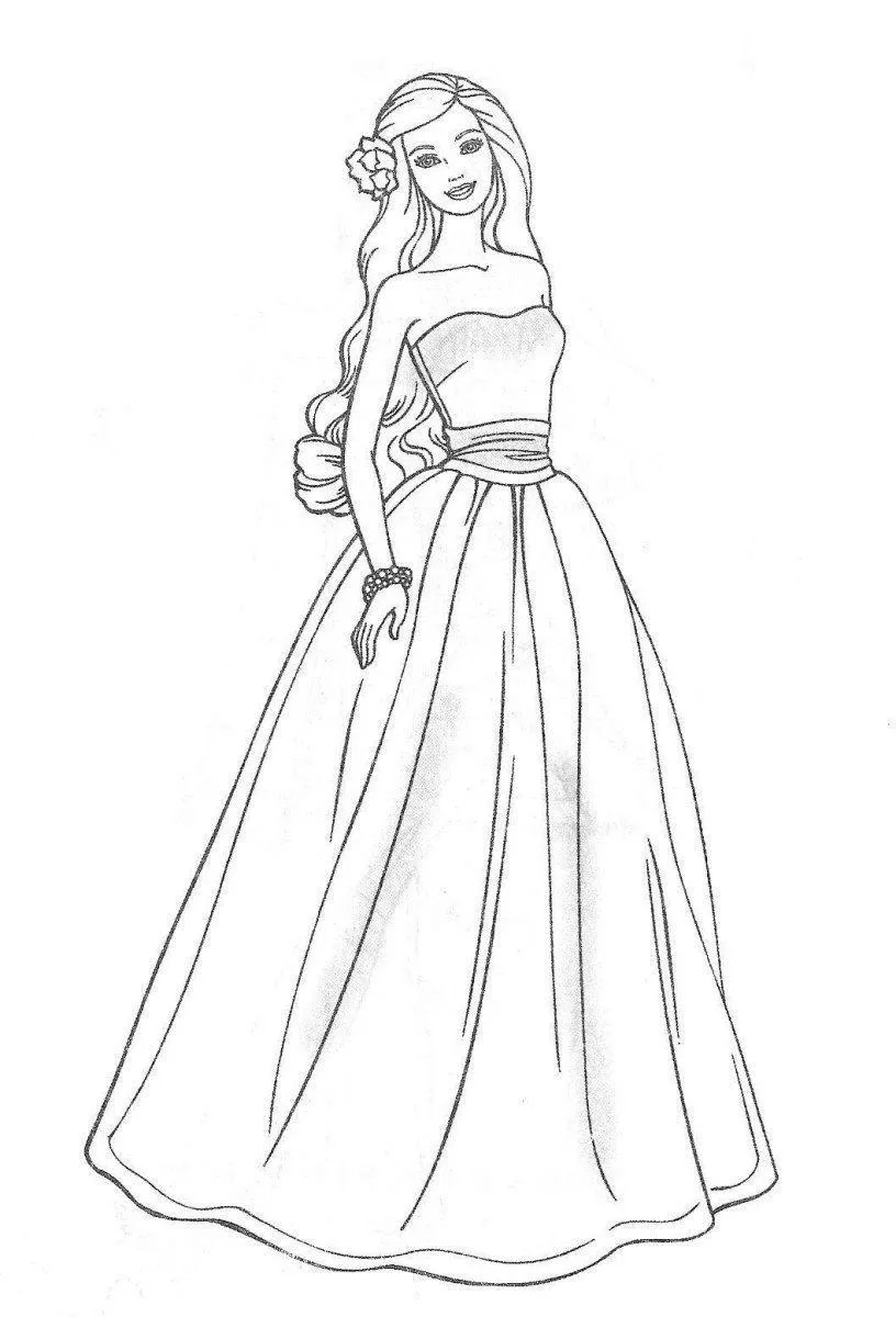 Desenho de contorno da Barbie usando um vestido longo de baile tomara-que-caia, bracelete de pérolas e uma flor grande no cabelo longo e ondulado.