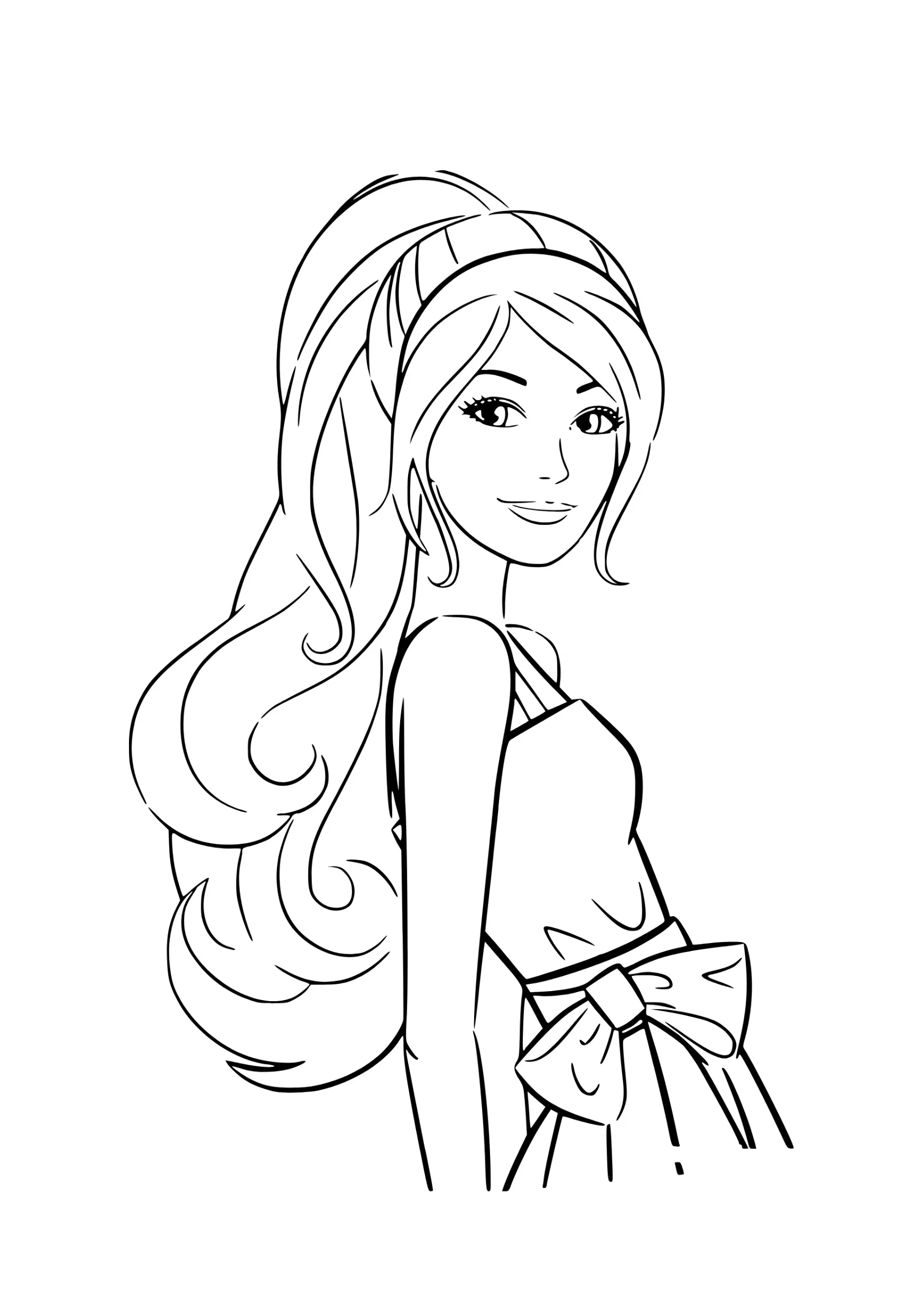 Desenho de contorno da Barbie de perfil, usando um vestido com um laço grande na cintura e cabelo longo ondulado com uma faixa.