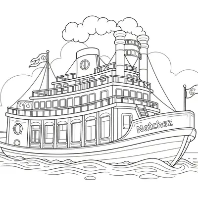 Desenho de contorno de um grande barco a vapor chamado Natchez, com vários andares, janelas, bandeiras e fumaça saindo de duas chaminés altas.