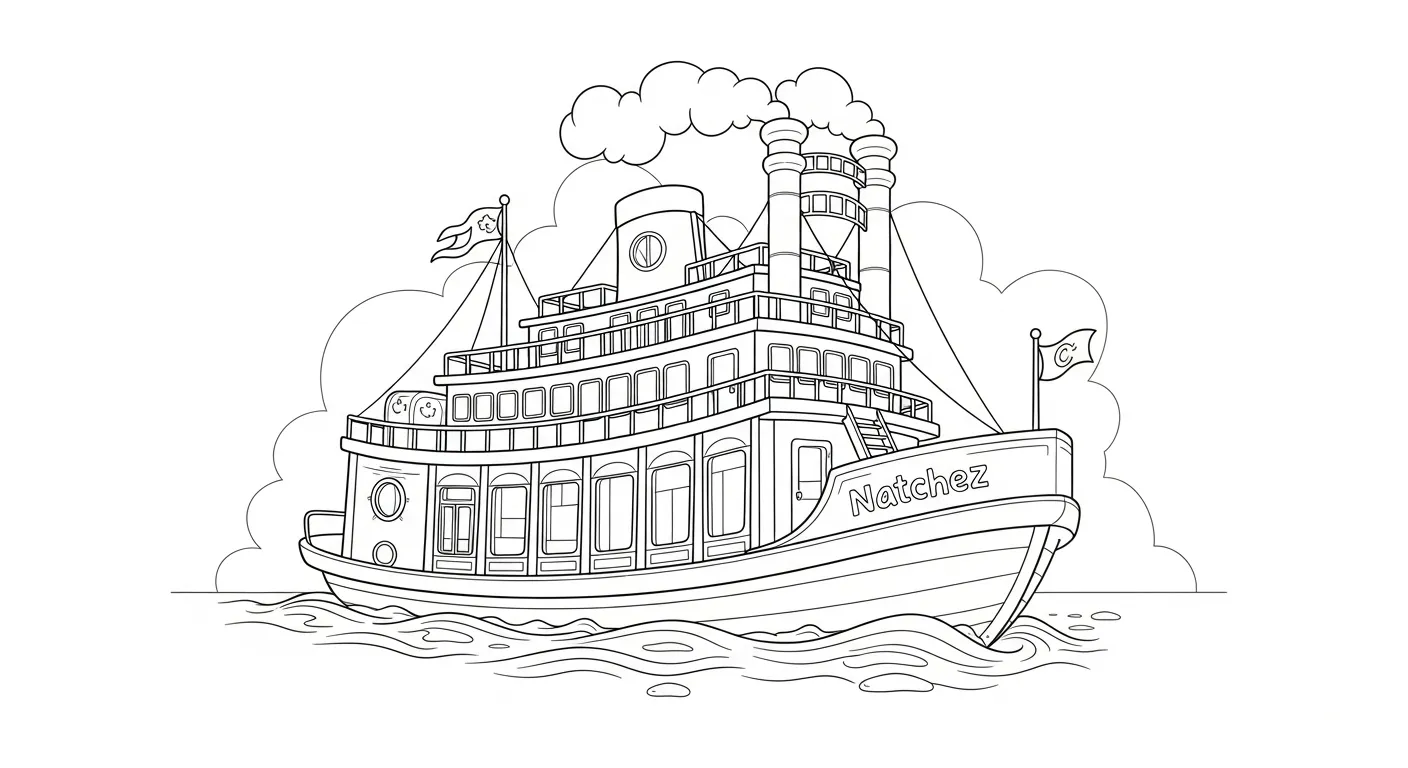 Desenho de contorno de um grande barco a vapor chamado Natchez, com vários andares, janelas, bandeiras e fumaça saindo de duas chaminés altas.