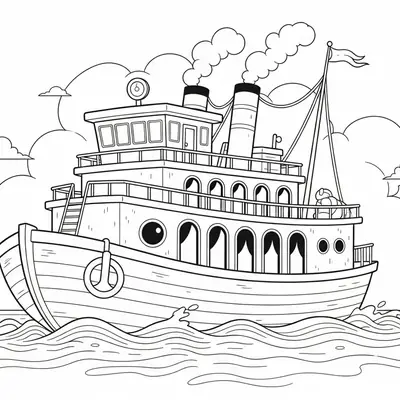 Desenho de contorno de um barco a vapor antigo navegando na água, com duas chaminés soltando fumaça, janelas redondas e arqueadas, e uma boia de salvamento na lateral.