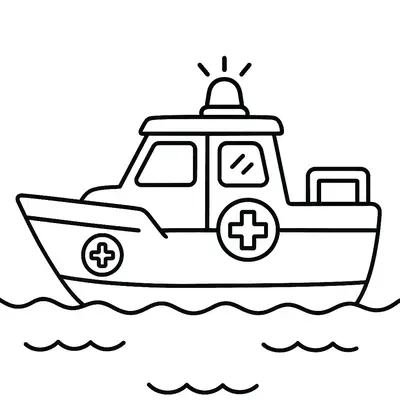 Desenho de contorno de um barco de resgate (ambulância marítima) com cabine e luz de emergência no topo. O barco exibe o símbolo da cruz de resgate em suas laterais e está flutuando sobre ondas simples.