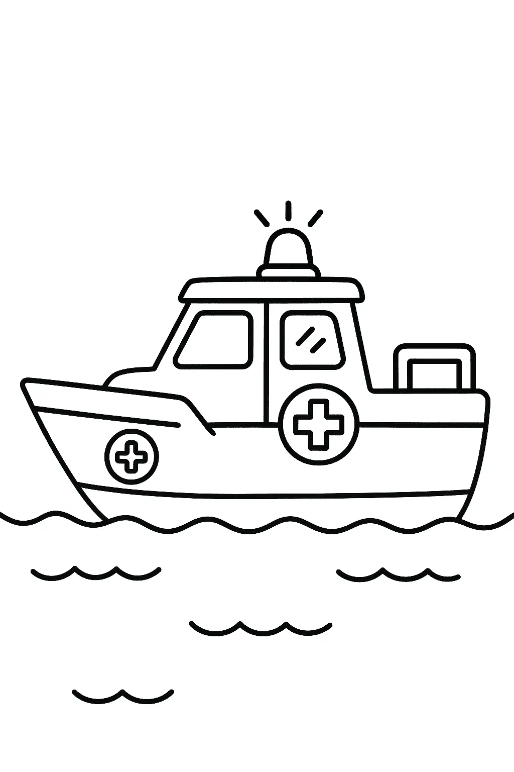 Desenho de contorno de um barco de resgate (ambulância marítima) com cabine e luz de emergência no topo. O barco exibe o símbolo da cruz de resgate em suas laterais e está flutuando sobre ondas simples.