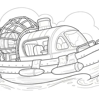 Desenho de contorno de um barco hovercraft com uma grande hélice na traseira protegida por grade, cabine com assentos visíveis e flutuadores laterais.